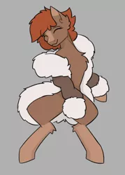 Size: 2500x3500 | Tagged: safe, artist:sneetymist, derpibooru import, oc, oc:soft coffee, unofficial characters only, earth pony, pony, clothes, female, fluffy, fur coat, image, jacket, lying down, mare, no tail, parka, partial nudity, png, simple background, socks (coat marking), solo, winter outfit