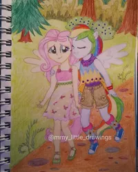 Size: 1017x1271 | Tagged: safe, artist:mmy_little_drawings, derpibooru import, fluttershy, rainbow dash, equestria girls, bush, clothes, converse, dress, eyelashes, eyes closed, female, flutterdash, flying, grin, image, jpeg, lesbian, outdoors, ponied up, shipping, shoes, shorts, side hug, smiling, traditional art, tree, watermark, wings