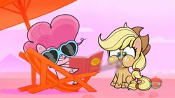 Size: 1500x837 | Tagged: suggestive, derpibooru import, edit, edited screencap, screencap, applejack, pinkie pie, earth pony, my little pony: pony life, censored, image, implied blowjob, implied futa, implied oral, implied penis, implied sex, jpeg, sunglasses, unnecessary censorship