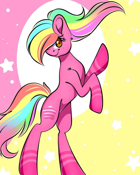 Size: 1080x1350 | Tagged: safe, artist:tessa_key_, derpibooru import, oc, unofficial characters only, earth pony, pony, abstract background, earth pony oc, eyelashes, female, hoofy-kicks, image, jpeg, mare, multicolored hair, rainbow hair, rearing, solo