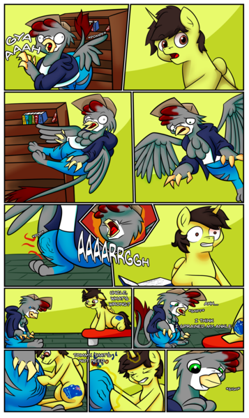 Size: 1280x2151 | Tagged: safe, artist:khaki-cap, derpibooru import, oc, oc:khaki-cap, oc:tommy, oc:tommy the human, alicorn, gryphon, comic:magical mishaps, alicorn oc, bed, book, bookshelf, clothes, comic page, cutie mark, fluffy, flying, griffon oc, horn, house, image, magic, png, scared, shelf, text, wings