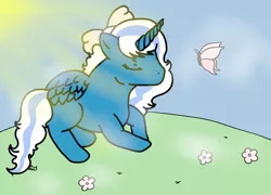 Size: 1600x1149 | Tagged: safe, artist:adoptishop, derpibooru import, oc, oc:fleurbelle, alicorn, butterfly, insect, alicorn oc, bow, cloud, eyes closed, flower, grass, hair bow, horn, image, jpeg, sky, sun, wings