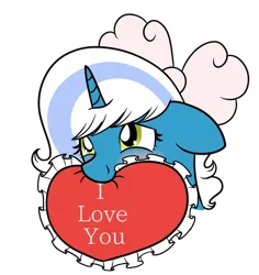 Size: 1024x1085 | Tagged: safe, artist:tubachic, derpibooru import, oc, oc:fleurbelle, alicorn, alicorn oc, bow, hair bow, heart, heart pillow, horn, i love you, image, mouth hold, pillow, png, simple background, transparent background, wingding eyes, wings, yellow eyes