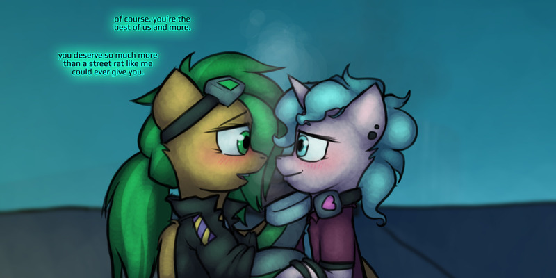 Size: 1280x640 | Tagged: safe, artist:captainhoers, derpibooru import, oc, oc:atom smasher, oc:candy chip, unofficial characters only, cyborg, pegasus, pony, unicorn, the sunjackers, blushing, cyberpunk, female, image, jpeg, looking at each other, mare