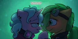 Size: 1280x640 | Tagged: safe, artist:captainhoers, derpibooru import, oc, oc:atom smasher, oc:candy chip, unofficial characters only, cyborg, pegasus, pony, unicorn, the sunjackers, blushing, cyberpunk, female, image, jpeg, looking at each other, mare