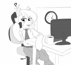 Size: 1543x1407 | Tagged: safe, artist:littlebibbo, derpibooru import, oc, oc:bibbo, unofficial characters only, pegasus, pony, chair, clock, clothes, computer screen, female, freckles, holding, image, jpeg, lidded eyes, mare, monochrome, mug, necktie, office, open mouth, pants, phone, question mark, shirt, sitting, sketch, solo, table