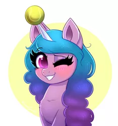Size: 1871x2000 | Tagged: safe, artist:confetticakez, derpibooru import, izzy moonbow, pony, unicorn, ball, bracelet, bust, chest fluff, cute, female, g5, horn, horn guard, horn impalement, hornball, image, izzy's tennis ball, jewelry, mare, one eye closed, png, portrait, smiling, solo, tennis ball, wink
