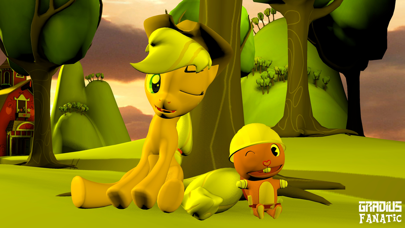 Size: 3413x1920 | Tagged: safe, artist:gradiusfanatic, derpibooru import, applejack, earth pony, pony, 3d, crossover, female, handy, happy tree friends, image, male, one eye closed, png, source filmmaker, wink