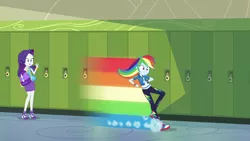 Size: 1280x720 | Tagged: safe, derpibooru import, screencap, rainbow dash, rarity, equestria girls, equestria girls series, fomo, spoiler:eqg series (season 2), bracelet, clothes, converse, cute, cutie mark, cutie mark on clothes, duo, duo female, female, geode of shielding, geode of super speed, high heels, hoodie, image, jewelry, lockers, magical geodes, necklace, open mouth, png, raribetes, rarity peplum dress, shoes, wide eyes