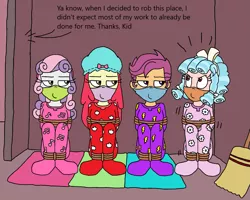 Size: 1705x1367 | Tagged: safe, artist:bugssonicx, derpibooru import, cozy glow, equestria girls, bondage, bound and gagged, broom closet, cloth gag, clothes, cutie mark, dialogue, footed sleeper, footie pajamas, gag, hat, image, nightcap, offscreen character, pajamas, png, rope, rope bondage, sleeping bag, tied up