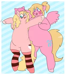 Size: 973x1104 | Tagged: safe, artist:greenarsonist, derpibooru import, oc, oc:giggle, oc:mille feuille, unofficial characters only, pegasus, pony, unicorn, :p, blushing, chubby, chubby cheeks, clothes, dance lesson, dancing, eyeshadow, freckles, gift art, glasses, hair tie, hat, helping, horn, image, makeup, on hind legs, pegasus oc, png, socks, spread wings, standing up, standing upright, stockings, thigh highs, tongue out, unicorn oc, unshorn fetlocks, wings