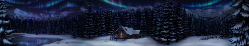 Size: 6144x1152 | Tagged: safe, artist:inowiseei, derpibooru import, oc, oc:summer ray, unofficial characters only, fox, moose, pegasus, pony, aurora borealis, cabin, clothes, dead tree, fallen tree, fireplace, forest, frozen lake, hat, image, mountain, mountain range, night, panorama, panoramic, png, scarf, scenery, scenery focus, scenery porn, sky, snow, starry night, tree, winter