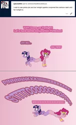 Size: 504x830 | Tagged: safe, artist:verve, derpibooru import, pinkie pie, twilight sparkle, twilight sparkle (alicorn), alicorn, earth pony, genie, pony, ain't never had friends like us, ask, comic, conjoined, female, gradient background, image, mare, pixel art, png, pushmi-pullyu, running