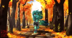 Size: 4096x2160 | Tagged: safe, artist:theprince, derpibooru import, oc, unofficial characters only, pony, unicorn, autumn, clothes, hoodie, image, leaves, looking up, not lyra, png, solo, tree