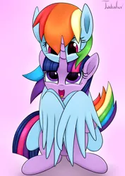 Size: 2480x3507 | Tagged: safe, artist:twidasher, derpibooru import, rainbow dash, twilight sparkle, pegasus, pony, blushing, duo, female, hug, image, lesbian, looking at each other, mare, open mouth, png, purple background, shipping, signature, simple background, sitting, twidash, winghug, wings