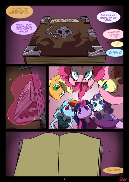 Size: 920x1300 | Tagged: questionable, artist:slypon, applejack, fluttershy, pinkie pie, rainbow dash, rarity, twilight sparkle, anthro, comic:night mares, comic:night mares (series), book, comic, comic page, english, magic, magic aura, main six, text