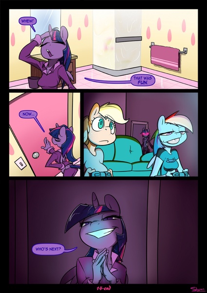 Size: 921x1300 | Tagged: questionable, artist:slypon, applejack, rainbow dash, twilight sparkle, alicorn, anthro, comic:night mares 3, comic:night mares (series), clothed female, comic, comic page, english, shower, text, twilight sparkle (alicorn)