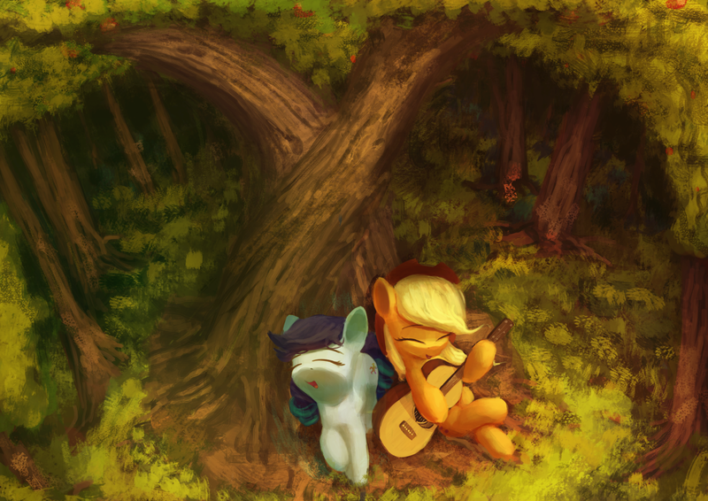 Size: 1680x1189 | Tagged: safe, artist:vultraz, derpibooru import, applejack, coloratura, earth pony, pony, /mlp/, cute, drawthread, duo, duo female, eyes closed, female, guitar, image, intertwined trees, mare, musical instrument, open mouth, png, rara, requested art, singing, smiling, tree