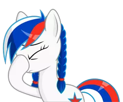 Size: 1250x1042 | Tagged: safe, artist:negasun, derpibooru import, oc, oc:marussia, ponified, pony, blue eyes, eyes closed, facehoof, faceplant, female, image, multicolored mane, multicolored tail, nation ponies, pigtails, png, russia, shiny mane, solo, solo female, tomboy, twintails