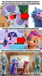 Size: 800x1427 | Tagged: safe, derpibooru import, screencap, applejack, izzy moonbow, sunny starscout, sweetie belle, twilight sparkle, earth pony, pegasus, pony, robot, unicorn, friendship is witchcraft, green isn't your color, spoiler:g5, arrow, ball, book, g5, horn, horn guard, horn impalement, image, izzy's tennis ball, neigh soul sister, png, sweetie bot, tennis ball, text