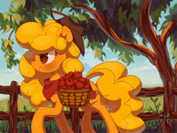 Size: 2048x1536 | Tagged: safe, artist:cherrnichka2, derpibooru import, oc, unofficial characters only, earth pony, pony, basket, fence, image, jpeg, solo, tree