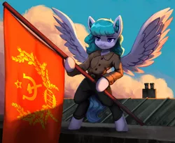 Size: 2000x1637 | Tagged: safe, artist:mrscroup, derpibooru import, oc, unofficial characters only, pegasus, equestria at war mod, cloud, communism, cute, image, jpeg, morning, pegasus oc, revolution, rooftop, severyana, stalliongrad, wings