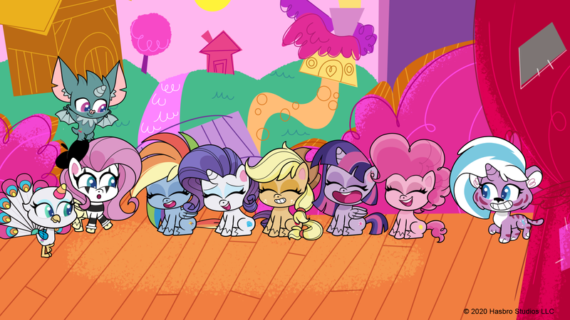 Size: 1920x1080 | Tagged: safe, derpibooru import, official, screencap, applejack, fluttershy, lightning chill, pinkie pie, rainbow dash, rarity, twilight sparkle, twilight sparkle (alicorn), alicorn, earth pony, pegasus, pony, unicorn, my little pony: pony life, spoiler:pony life season 2, echo (pony life), image, laughing, mane six, mime, playwrigth or wrong, png, sugar snap, wild siders