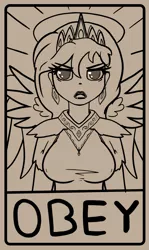 Size: 1089x1833 | Tagged: safe, artist:husdur, derpibooru import, princess celestia, human, humanized, image, lineart, monochrome, obey, png, poster, winged humanization, wings