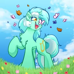 Size: 4000x4000 | Tagged: safe, artist:witchtaunter, derpibooru import, lyra heartstrings, butterfly, insect, pony, unicorn, chest fluff, commission, ear fluff, flower, image, png, smiling, solo