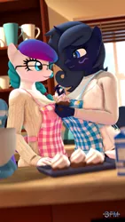 Size: 1080x1920 | Tagged: safe, artist:anthroponiessfm, derpibooru import, oc, oc:aurora starling, oc:midnight music, anthro, adorasexy, anthro oc, apron, blushing, clothes, cupcake, cute, daaaaaaaaaaaw, dawwww, food, glasses, holding hands, image, looking at each other, png, sexy, sweater