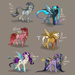 Size: 3000x3000 | Tagged: safe, artist:lavvythejackalope, derpibooru import, oc, unofficial characters only, alicorn, bat pony, bat pony alicorn, earth pony, pony, unicorn, base used, bat pony oc, bat wings, bow, cloven hooves, earth pony oc, eye scar, eyes closed, female, flower, flower in hair, gray background, hair over eyes, hair over one eye, hairpin, hoof fluff, horn, image, leonine tail, looking back, mare, png, scar, simple background, smiling, tail bow, unicorn oc, unshorn fetlocks, wings