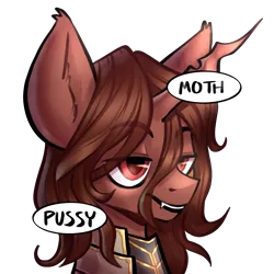 Size: 2343x2343 | Tagged: suggestive, artist:earthpone, derpibooru import, oc, oc:red flux, unofficial characters only, changeling, insect, moth, mothling, original species, bust, fangs, horn, image, male, png, solo, species swap, speech bubble, text