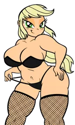 Size: 2320x3840 | Tagged: suggestive, artist:aleximusprime, derpibooru import, edit, applejack, human, applebucking hips, applebucking thighs, bedroom eyes, big breasts, black bra, black panties, black underwear, blonde, bra, breasts, busty applejack, cleavage, clothes, curvy, fishnet clothing, fishnet pantyhose, fishnets, hand on hip, huge breasts, humanized, image, lingerie, panties, pantyhose, panty pull, png, socks, stockings, striptease, thigh highs, thighs, thunder thighs, underwear, wide eyes