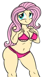 Size: 2284x3840 | Tagged: suggestive, artist:aleximusprime, derpibooru import, edit, fluttershy, human, big breasts, bra, breasts, busty fluttershy, clothes, curvy, cute, female, flustered, flutterthighs, hands on breasts, humanized, image, lingerie, panties, pink bra, pink panties, pink underwear, png, shyabetes, solo, solo female, thighs, thunder thighs, underwear, wide hips