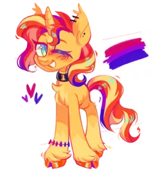 Size: 1118x1242 | Tagged: safe, artist:occultusion, derpibooru import, sunset shimmer, pony, unicorn, bisexual, bisexual pride flag, blushing, bracelet, chest fluff, choker, cute, ear piercing, earring, female, grin, heart, image, jewelry, mare, missing cutie mark, mouthpiece, one eye closed, piercing, png, politics, pride, pride flag, shimmerbetes, smiling, solo, unshorn fetlocks, wink