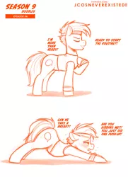 Size: 960x1326 | Tagged: safe, artist:jcosneverexisted, derpibooru import, quibble pants, pony, common ground, backbend, dialogue, image, jpeg, male, offscreen character, season 9 doodles, stallion, sweat, text, tired