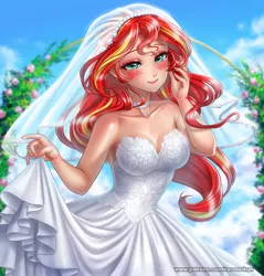 Size: 1200x1253 | Tagged: safe, artist:racoonsan, derpibooru import, sunset shimmer, human, blushing, breasts, choker, clothes, cloud, cute, dress, female, humanized, image, jpeg, marriage, shimmerbetes, sky, solo, wedding, wedding dress