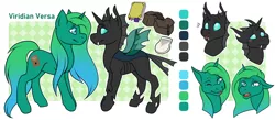 Size: 1828x800 | Tagged: safe, artist:carr, derpibooru import, oc, oc:viridian versa, unofficial characters only, changeling, pony, unicorn, changeling oc, green fur, green mane, image, png, reference sheet, shapeshifter