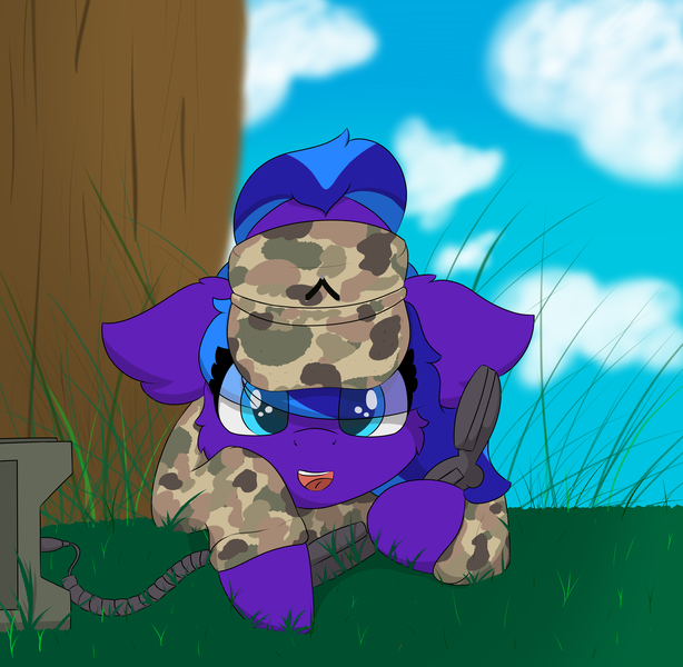 Size: 6000x5864 | Tagged: safe, alternate version, artist:skylarpalette, derpibooru import, oc, oc:flugel, unofficial characters only, pegasus, pony, clothes, cloud, cute, female, fluffy, grass, grass field, hat, image, looking at you, mare, military, military pony, military uniform, pegasus oc, png, radio, simple shading, tree, uniform, wings