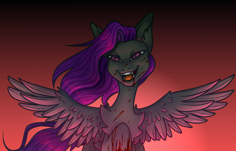 Size: 1600x1024 | Tagged: semi-grimdark, artist:german_frey, derpibooru import, oc, oc:fritzy, unofficial characters only, hybrid, pegasus, pony, blood, bloody hooves, commission, evil grin, fangs, grin, image, png, red background, simple background, smiling, solo, wings extended, ych result