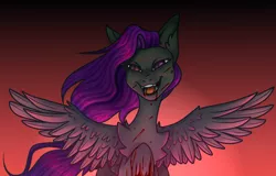 Size: 1600x1024 | Tagged: semi-grimdark, artist:german_frey, derpibooru import, oc, oc:fritzy, unofficial characters only, hybrid, pegasus, pony, blood, bloody hooves, commission, evil grin, fangs, grin, image, png, red background, simple background, smiling, solo, wings extended, ych result