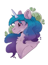 Size: 1600x2157 | Tagged: safe, artist:dinosaphira99, derpibooru import, izzy moonbow, pony, unicorn, bust, chest fluff, deviantart watermark, eyebrows, female, g5, image, lime, mare, obtrusive watermark, png, portrait, simple background, solo, transparent background, watermark