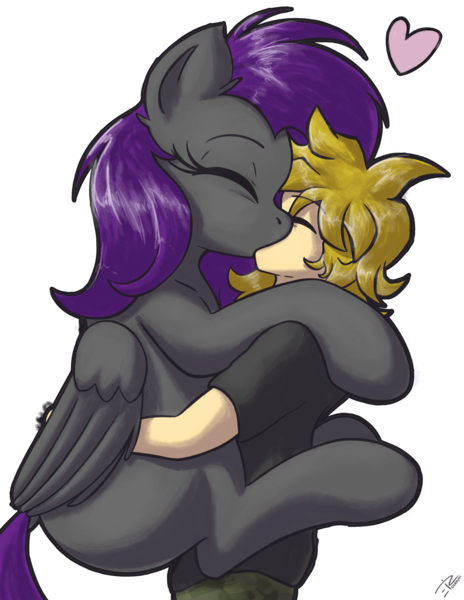 Size: 2550x3300 | Tagged: safe, artist:eisky, derpibooru import, oc, oc:eis, oc:fritzy, unofficial characters only, human, hybrid, pegasus, pony, couple, cuddling, cute, holding a pony, holding up, human on pony kissing, human on pony snuggling, image, interspecies, kissing, love, png, snuggling