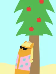 Size: 1536x2048 | Tagged: safe, artist:2merr, applejack, earth pony, pony, /mlp/, apple, apple tree, beach, blob ponies, blue background, clothes, drawn on phone, drawthread, female, food, hat, hawaiian shirt, image, island, pine tree, png, ponytail, pun, requested art, sand, shirt, simple background, smiling, solo, straw hat, sunglasses, tiny hat, tree, visual pun