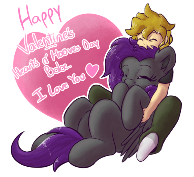 Size: 2802x2550 | Tagged: safe, derpibooru import, oc, oc:eis, oc:fritzy, unofficial characters only, human, hybrid, pegasus, pony, couple, cuddling, eyes closed, happy, heart, hearts and hooves day, holiday, image, png, sitting on person, valentine's day