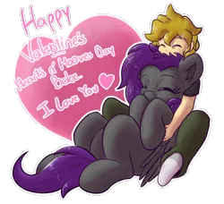 Size: 2802x2550 | Tagged: safe, derpibooru import, oc, oc:eis, oc:fritzy, unofficial characters only, human, hybrid, pegasus, pony, couple, cuddling, eyes closed, happy, heart, hearts and hooves day, holiday, image, png, sitting on person, valentine's day