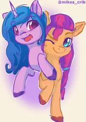 Size: 783x1110 | Tagged: safe, artist:mikesartcrib, derpibooru import, izzy moonbow, sunny starscout, earth pony, pony, unicorn, my little pony: a new generation, cute, duo, female, g5, image, mare, one eye closed, open mouth, png