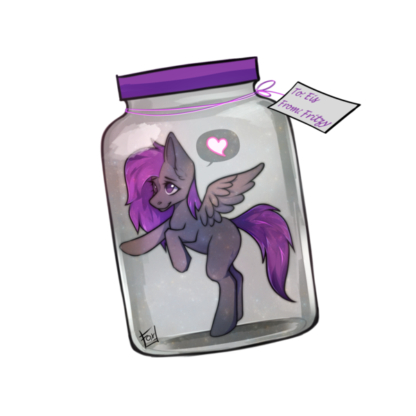 Size: 2000x2000 | Tagged: suggestive, artist:defiantfox, derpibooru import, oc, oc:fritzy, pegasus, pony, commission, cute, heart, image, implied cum jar, jar, lewd container meme, png, solo, thing in a jar, ych result