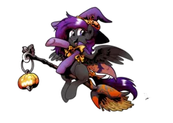 Size: 3507x2480 | Tagged: safe, artist:dormin-kanna, derpibooru import, oc, oc:fritzy, unofficial characters only, hybrid, pegasus, pony, broom, clothes, cloths, commission, costume, flying, flying broomstick, halloween, halloween costume, hat, holiday, image, png, solo, witch, witch costume, witch hat, witchcraft, ych result