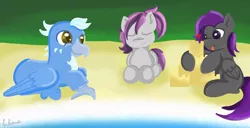Size: 1366x698 | Tagged: safe, artist:julie25609, derpibooru import, oc, oc:ebony rain, oc:fritzy, oc:frost wing, unofficial characters only, bat pony, gryphon, hybrid, pegasus, pony, beach, commission, cute, image, jpeg, sandcastle, sitting, water